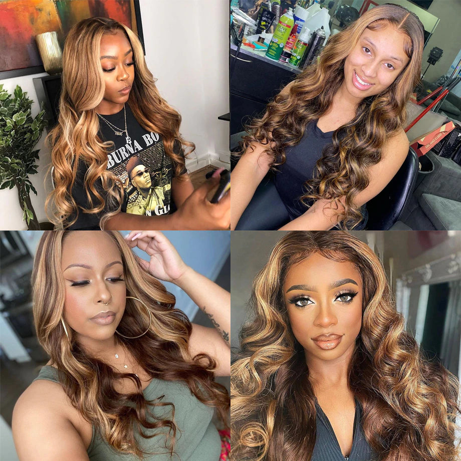 Highlight Lace Front Human Hair Wigs Ombre Honey Blonde Brown Short Bob Frontal 30 Inch Loose Body Wave for Women Lace Front Wig