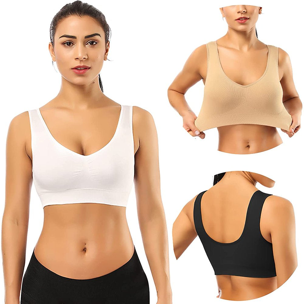 3 Pack Sports Bras for Women,Seamless Comfortable Bras Set with Removable Pads for Sleep,Pull on Closure,Black+White+Nude,S