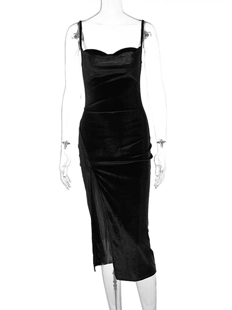 Velvet Swing Collar Sleeveless Slip Sexy Slit Maxi Dress 2023 New Fashion Evening Party Women Elegant Streetwear Y2K