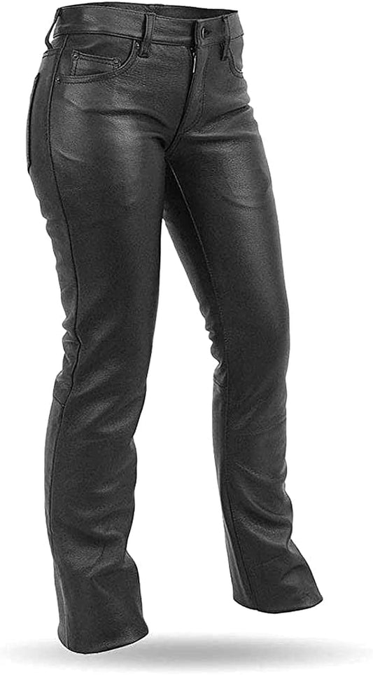 Xelement B7600 Motorcycle Leather Pants for Women - Ladies High Grade Black Cowhide Pants