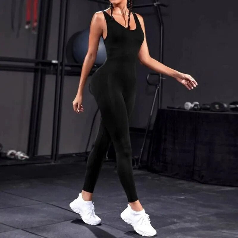 Solid Sleeveless Backless Low Neck High Waist Bodycon Jumpsuits for Women Casual Rompers Activity Jogger Suits Backless Bodysuit