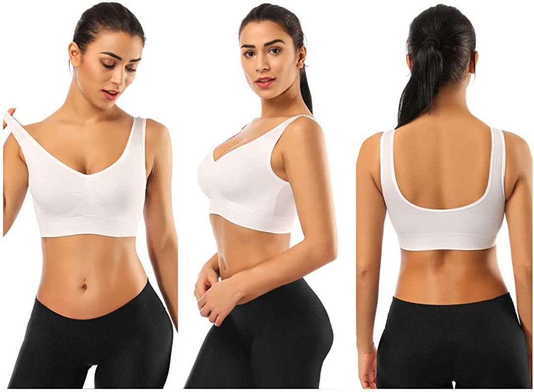 3 Pack Sports Bras for Women,Seamless Comfortable Bras Set with Removable Pads for Sleep,Pull on Closure,Black+White+Nude,S